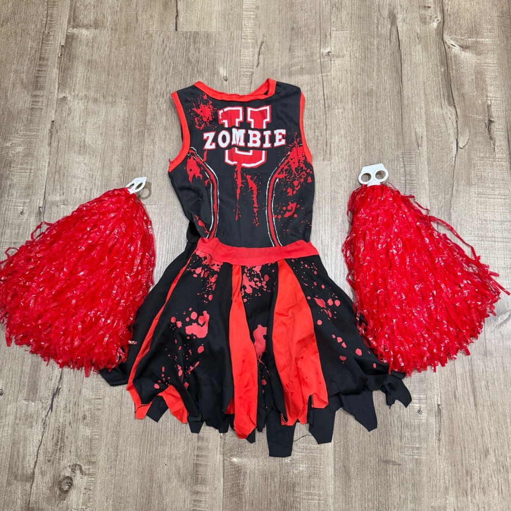 Spirit Halloween Zombie Cheerleader Costume Kids Medium 8-10 Pom Poms